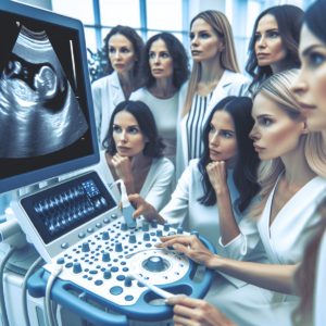 Un grupo diverso de mujeres, incluyendo personas caucásicas, asiáticas y hispanas, se reunió alrededor de una máquina de ultrasonido en una clínica mé