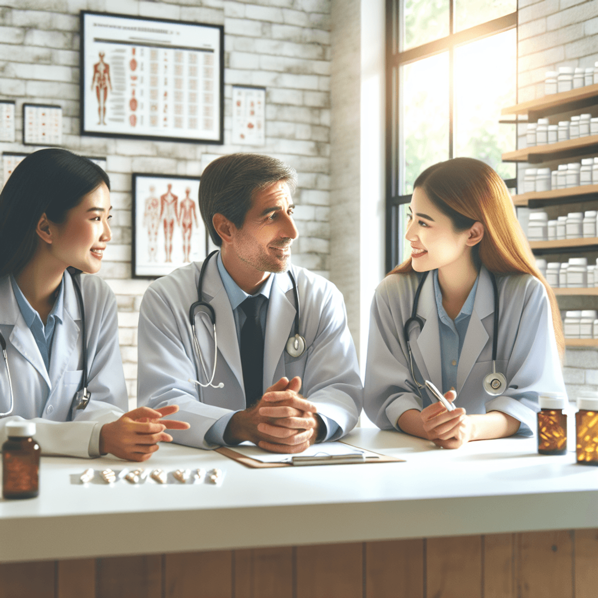 Tres médicos, una mujer caucásica, un hombre hispano y una mujer asiática, están inmersos en una animada discusión sobre medicamentos en una luminosa