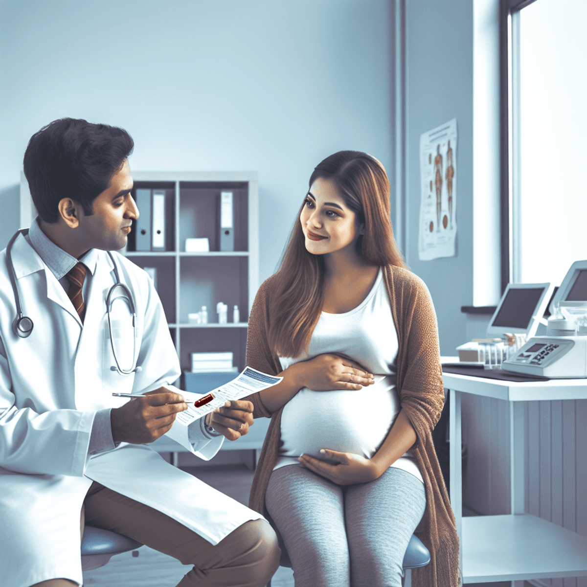 Una mujer hispana embarazada sentada en una sala luminosa y limpia de atención prenatal, sosteniendo un informe de análisis de sangre con una mirada d