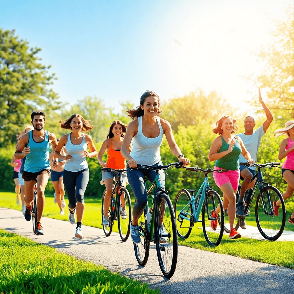 Una animada escena al aire libre que presenta a personas corriendo, montando en bicicleta y practicando yoga en medio de una brillante luz solar y ...