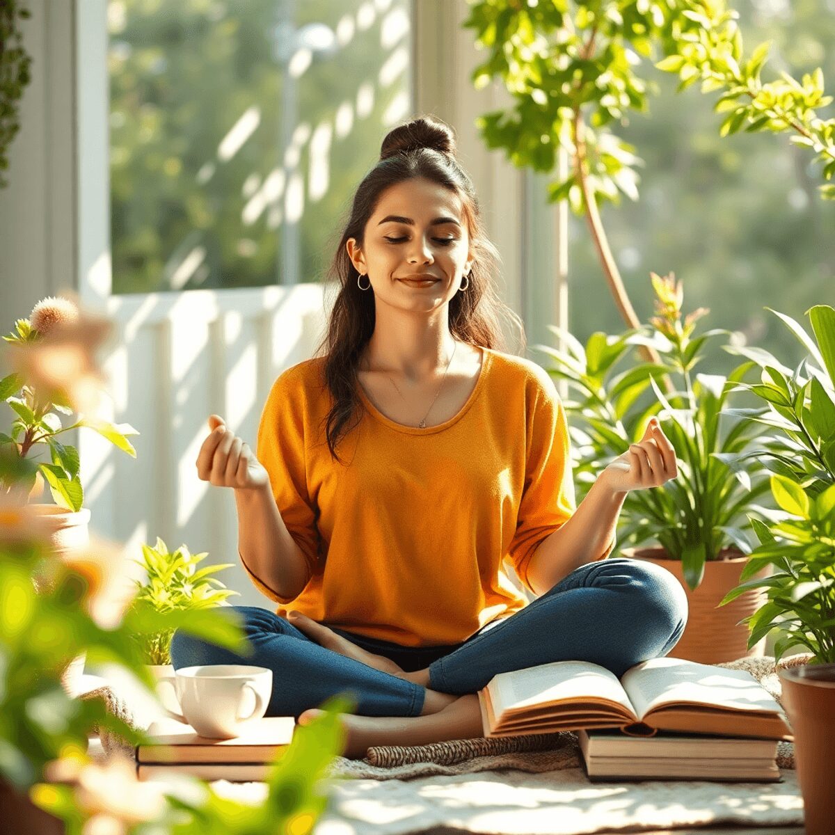 Una persona medita en un entorno sereno, rodeada de plantas y elementos de bienestar, como un diario, una taza de té y un libro, bajo luz natural.