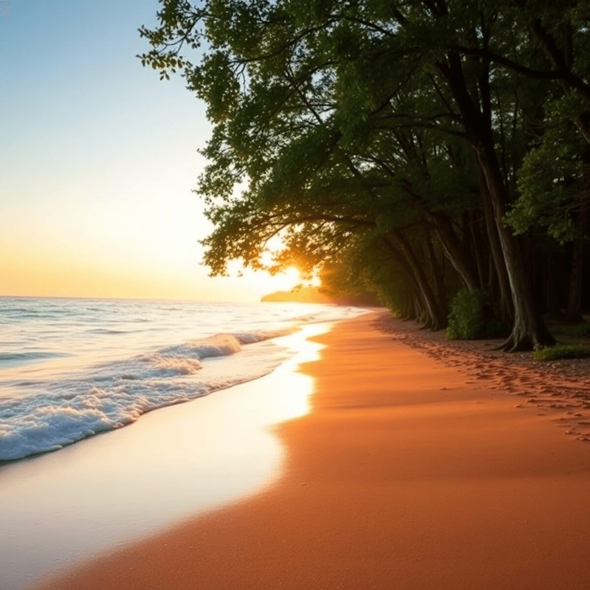 Una playa tranquila al amanecer, con suaves olas que acarician la orilla y luz solar suave filtrándose a través de los árboles, creando una atmósfe...