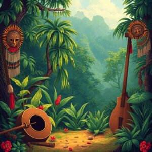 Ilustración vibrante de un paisaje amazónico con plantas de ayahuasca y peyote, rodeado de elementos culturales indígenas, evocando conexión espiri...