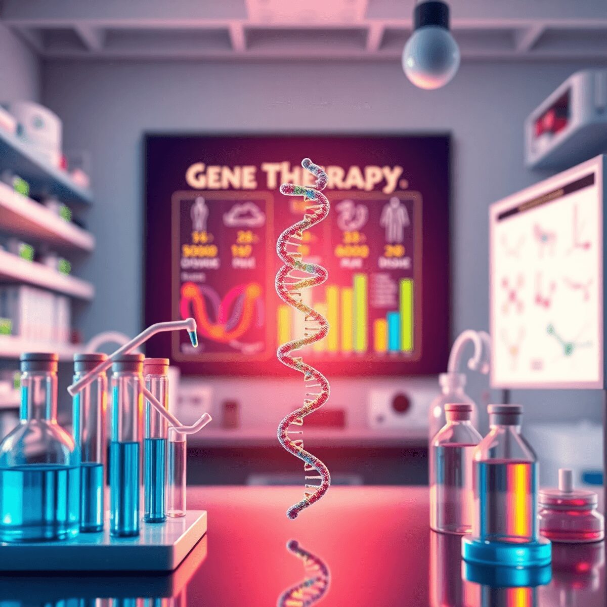 Una colorida escena de laboratorio que muestra tubos de ensayo, modelos de hélices de ADN y gráficos sobre enfermedades raras, destacando la innova...