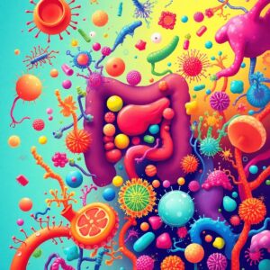 Una ilustración colorida de diversos microorganismos, incluyendo bacterias y hongos, con elementos visuales que representan la salud intestinal y l...