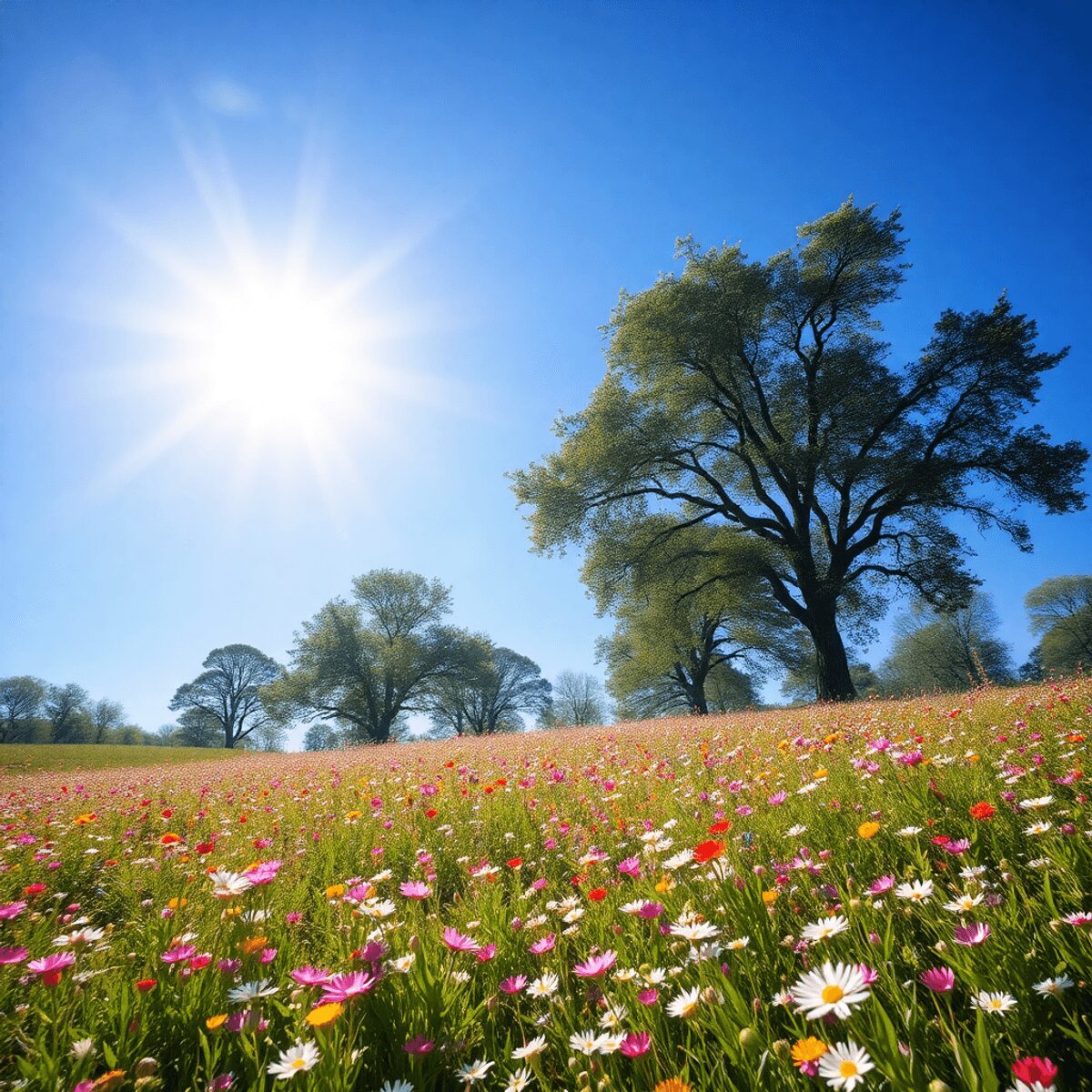 Un campo vibrante de flores y árboles bajo un cielo azul brillante, con polen en el aire y un sol radiante que sugiere la llegada del verano.