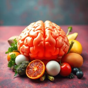 Un cerebro humano rodeado de alimentos saludables como pescado, huevos, frutas y verduras, sobre un fondo colorido que representa la nutrición y el...