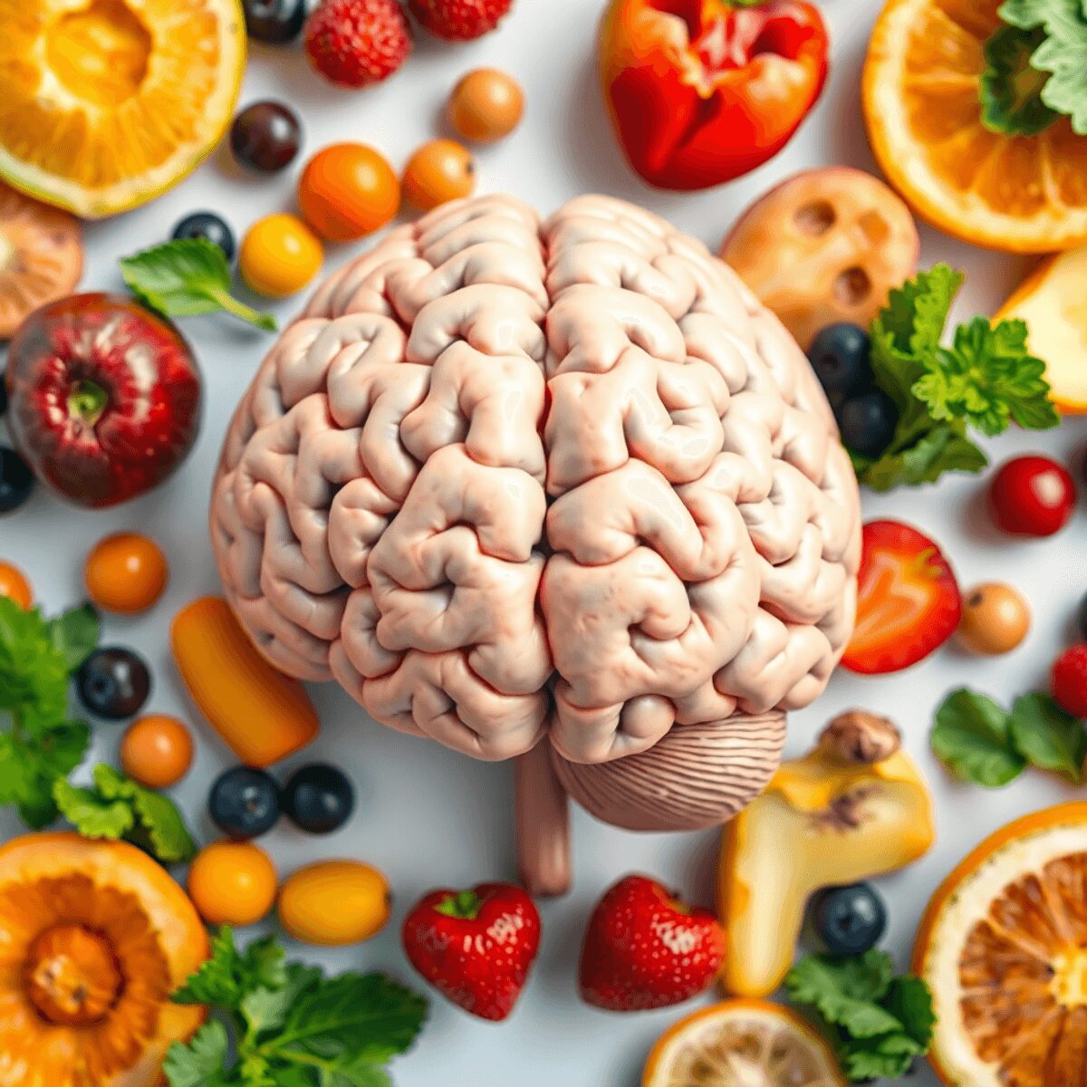 Un cerebro humano rodeado de frutas y verduras coloridas, simbolizando una dieta saludable rica en vitaminas y nutrientes para el desarrollo cerebral.