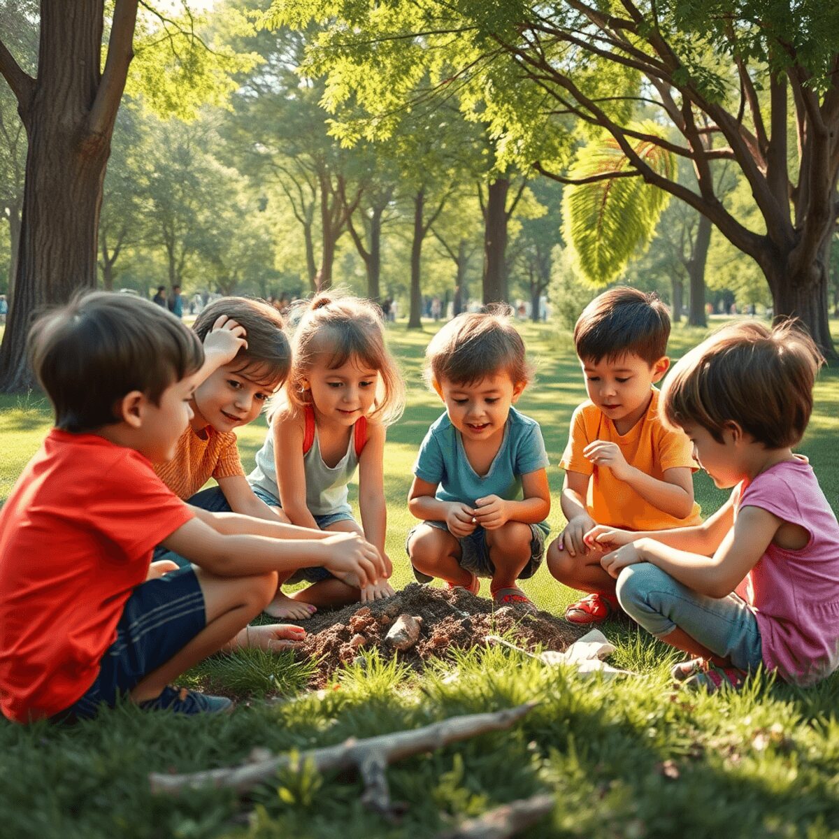 Un grupo de niños jugando al aire libre en un parque, explorando la naturaleza y participando en actividades como una búsqueda del tesoro y constru...