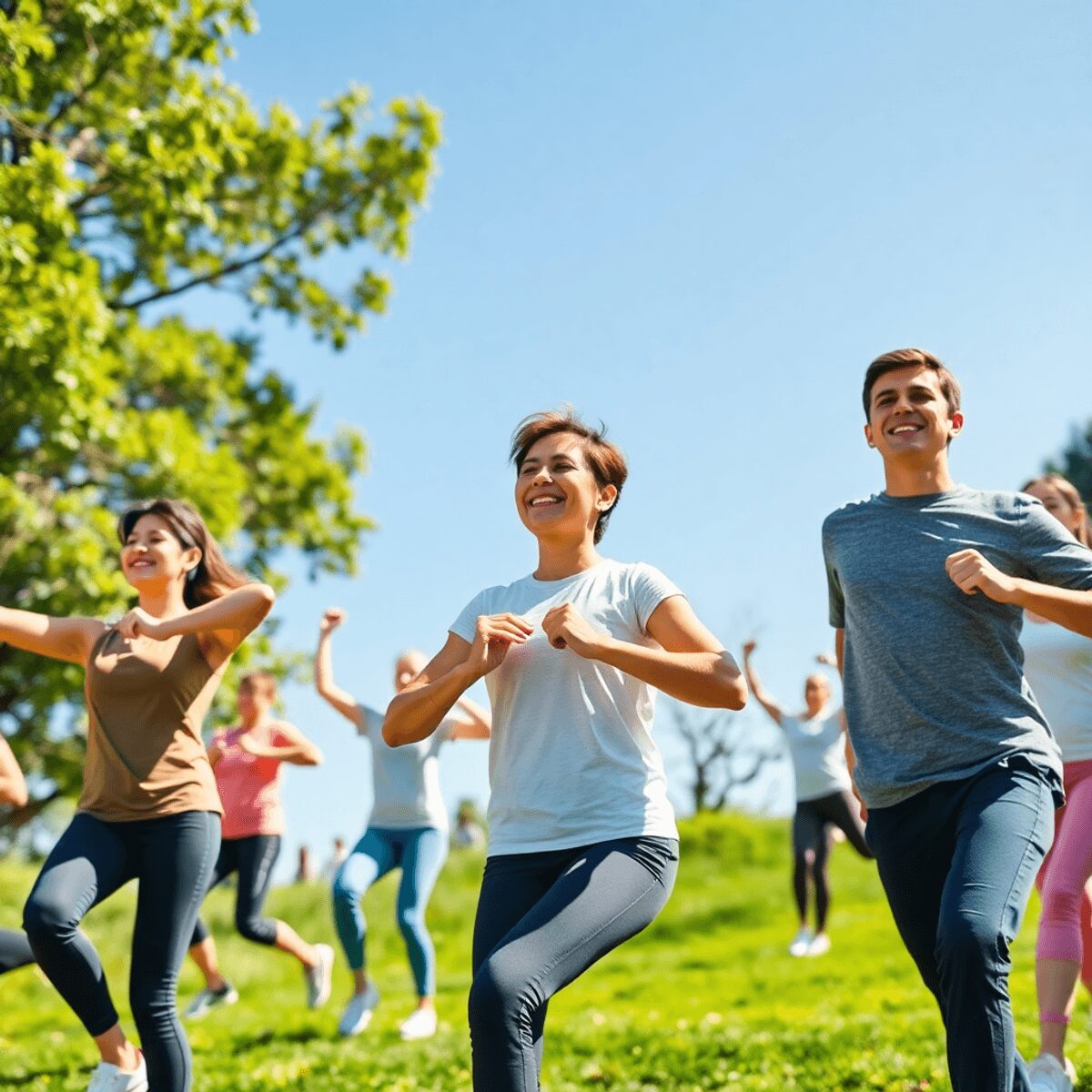 Un grupo de personas realizando ejercicios al aire libre en un entorno natural y soleado, rodeados de árboles y césped verde, mostrando sonrisas y ...