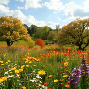 Un paisaje veraniego con flores coloridas y árboles en flor, bajo un cielo soleado con nubes suaves, resaltando la belleza de la naturaleza y el po...