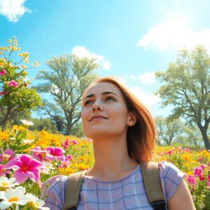 Un paisaje veraniego vibrante con flores y árboles, mientras una persona disfruta al aire libre, visiblemente incómoda por síntomas de alergia.