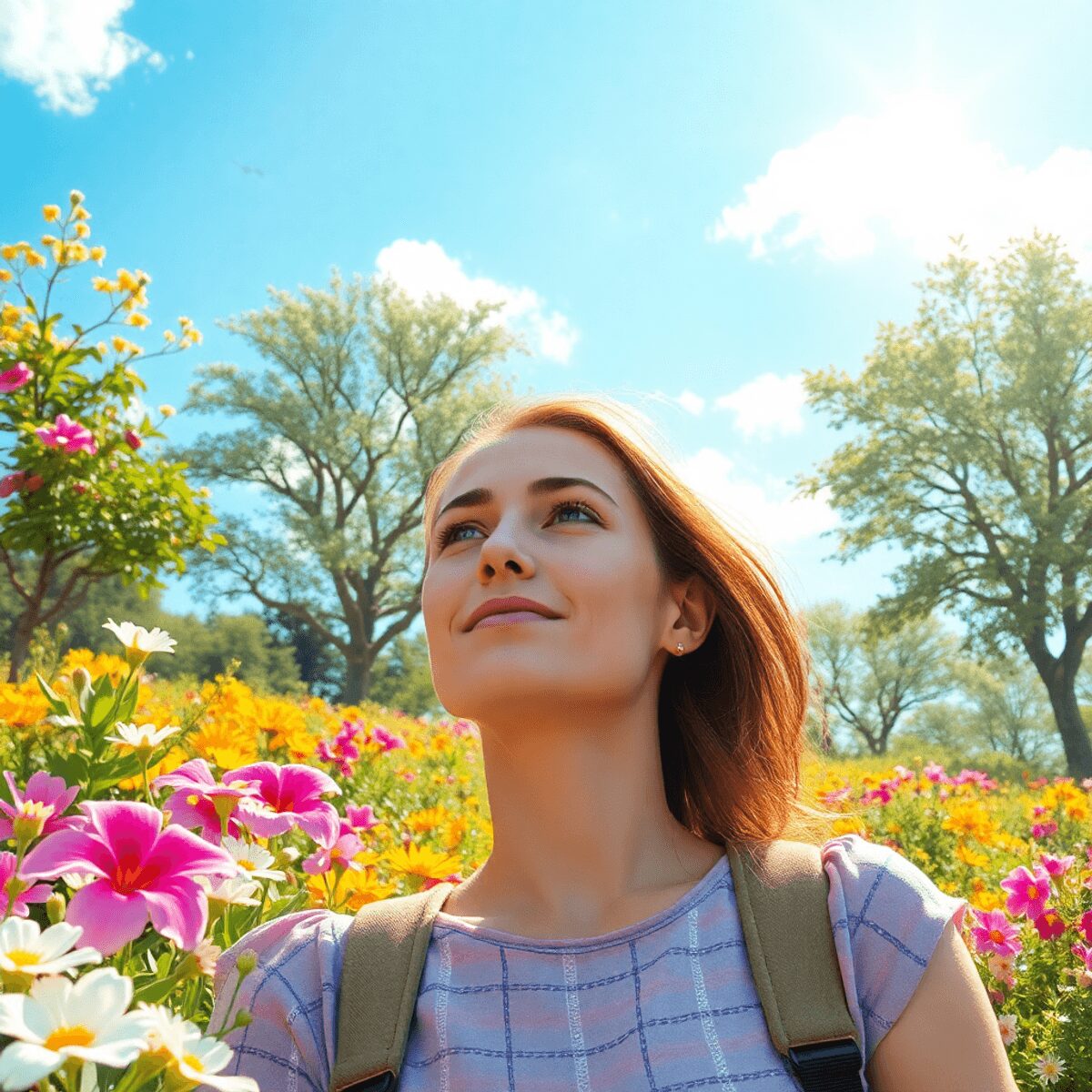 Un paisaje veraniego vibrante con flores y árboles, mientras una persona disfruta al aire libre, visiblemente incómoda por síntomas de alergia.