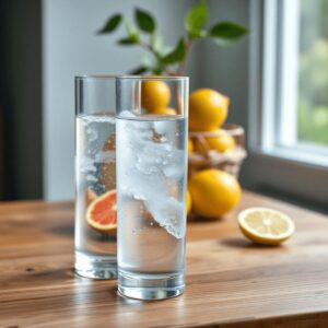 Un vaso de agua con gotas de condensación sobre una mesa de madera, rodeado de limones y fresas, iluminado por luz natural, evocando frescura y bie...