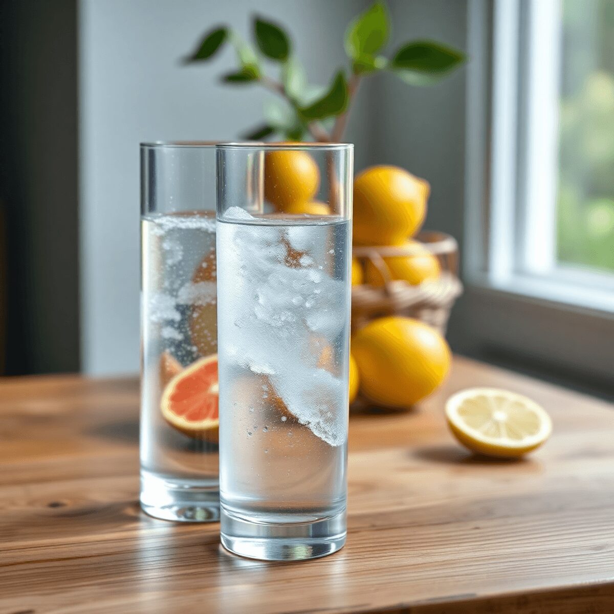 Un vaso de agua con gotas de condensación sobre una mesa de madera, rodeado de limones y fresas, iluminado por luz natural, evocando frescura y bie...