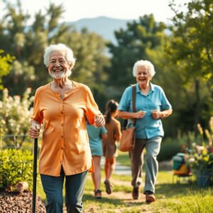 Una pareja de ancianos disfrutando de actividades al aire libre como caminar y jardinería, rodeados de exuberante vegetación, irradiando vitalidad,...